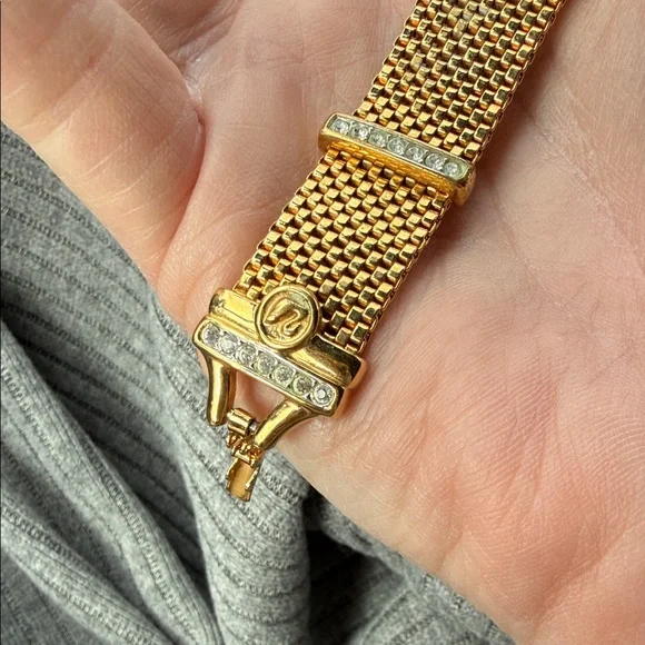 Swarovski gold metal mesh bracelet, white pave crystals, 7"L, Swan Mark - Picture 7 of 10